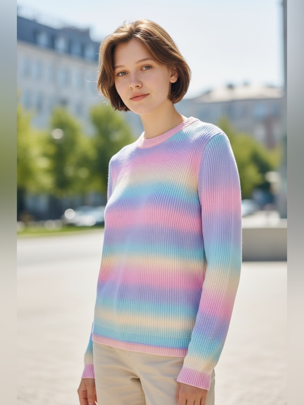 Hyacinth House Pastel Stripe Rainbow Candy Crewneck Sweater size S